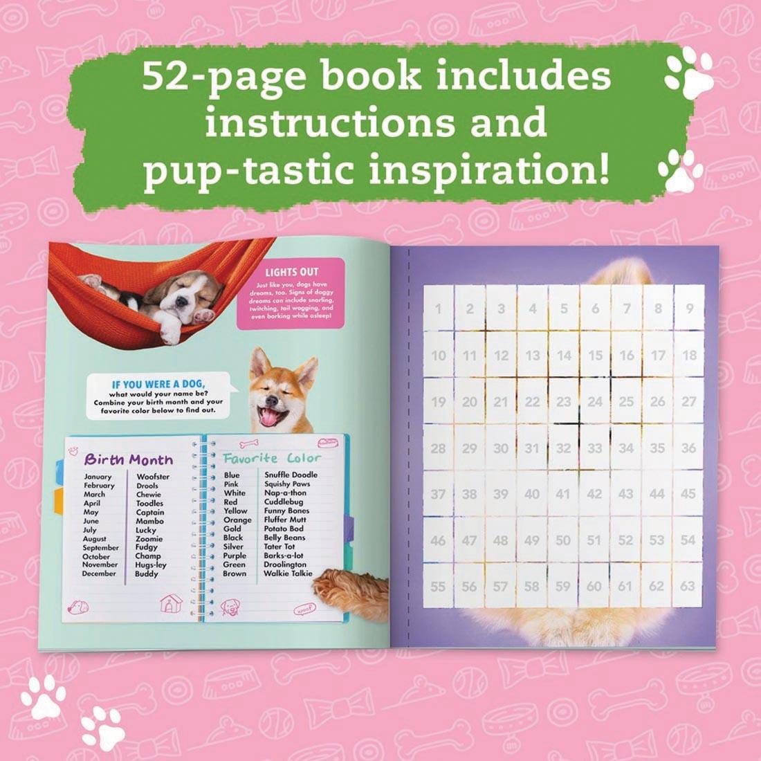 open book from Dogs & Puppies Sticker Photo Mosaics By Klutz Press along with text 52-page book includes instructions and pup-tastic inspiration!