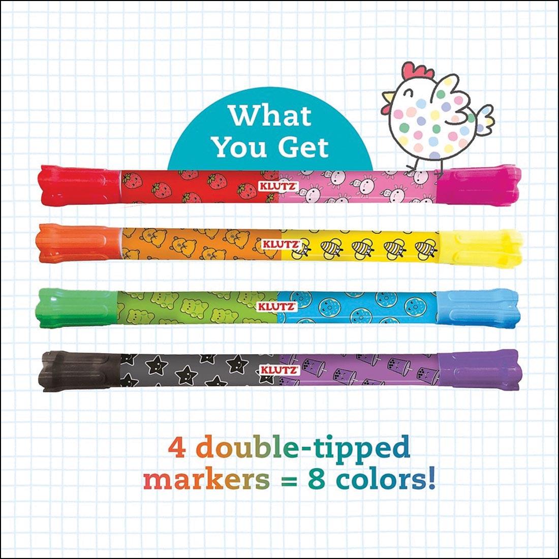 markers from the Super Cute Sketchbook Kit By Klutz Press plus text What you get; 4 double-tipped markers = 8 colors!