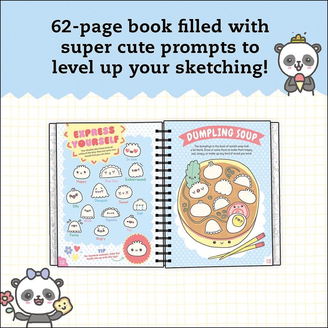 infographic with pandas for the Super Cute Sketchbook Kit By Klutz Press plus text 62-page book filled with super cute prompts to level up your sketching!