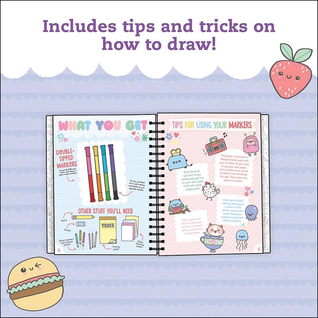 infographic with a strawberry and a burger for the Super Cute Sketchbook Kit By Klutz Press plus text Includes tips and tricks on how to draw!