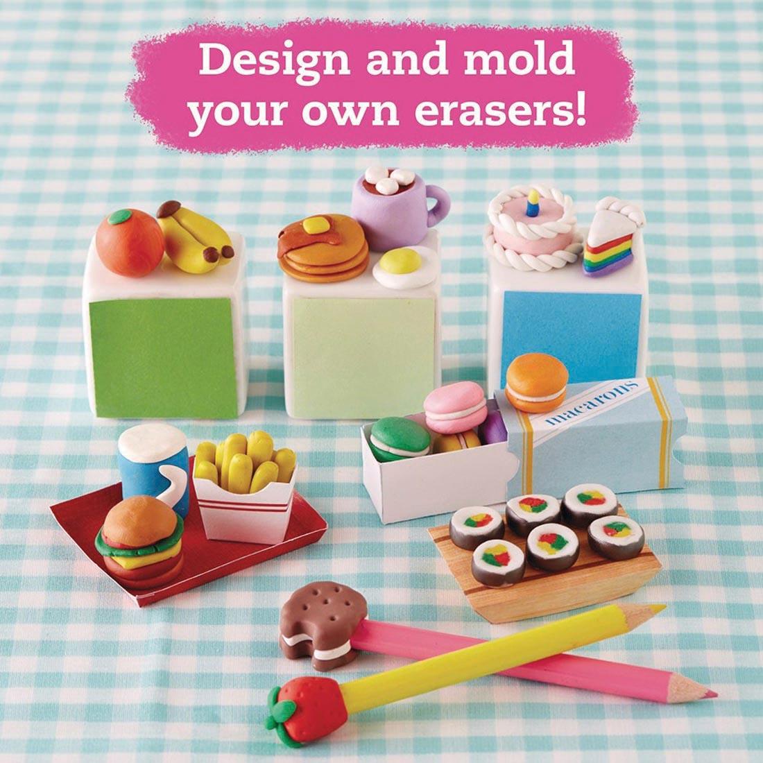 examples of creations made with the Make Your Own Mini Erasers By Klutz Press with text Design and mold your own erasers!