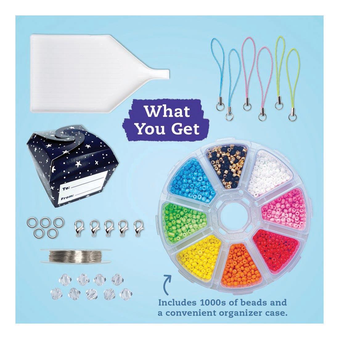 contents of Beadlings Book & Creative Kit By Klutz Press with text What You Get; Includes 1000s of beads and a convenient organizer case.