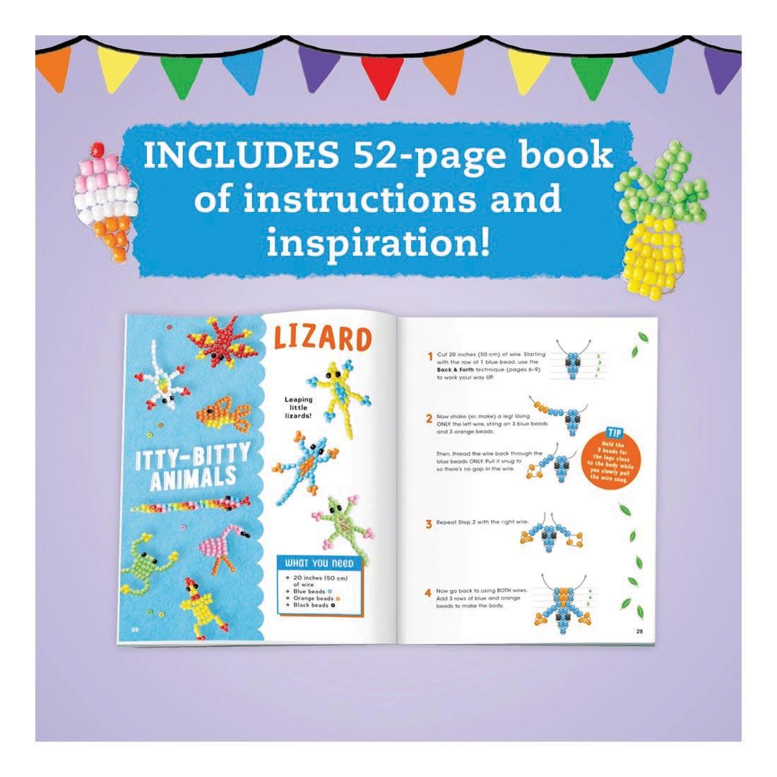 open book from the Beadlings Book & Creative Kit By Klutz Press with text Includes 52-page book of instructions and inspiration!