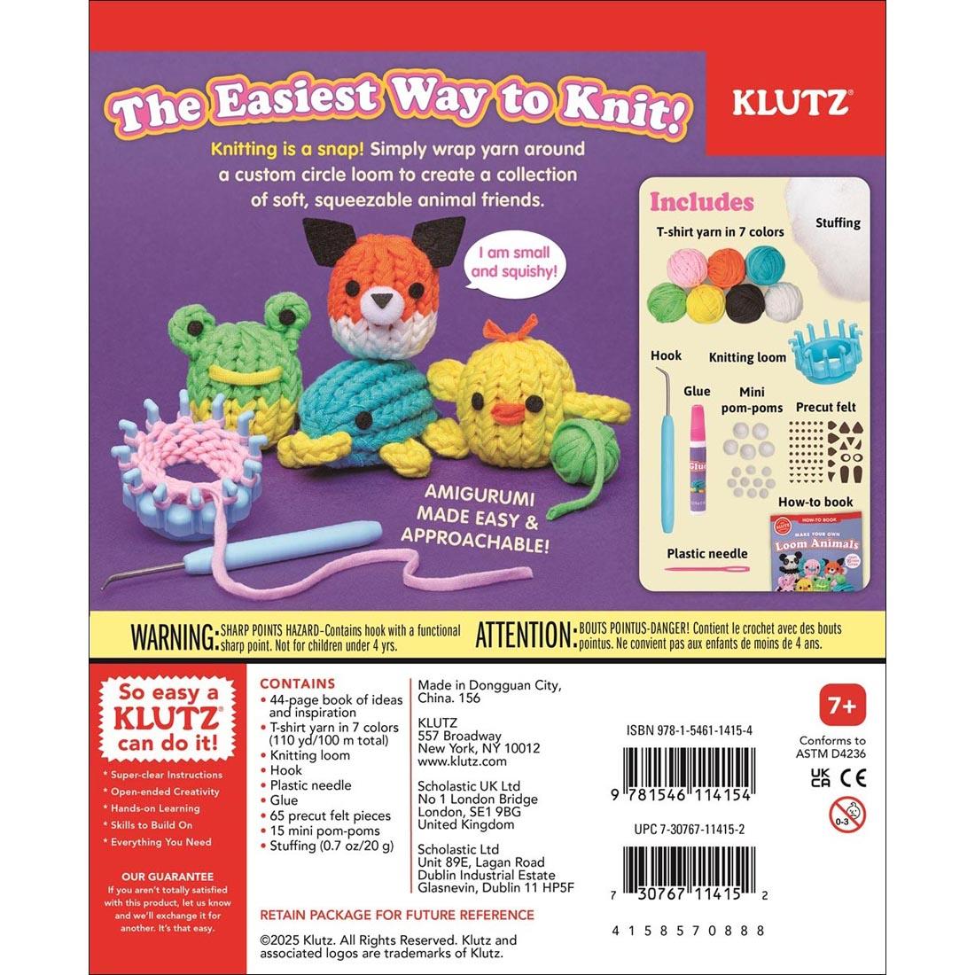 back of package of Make Your Own Loom Animals Book & Creative Kit by Klutz