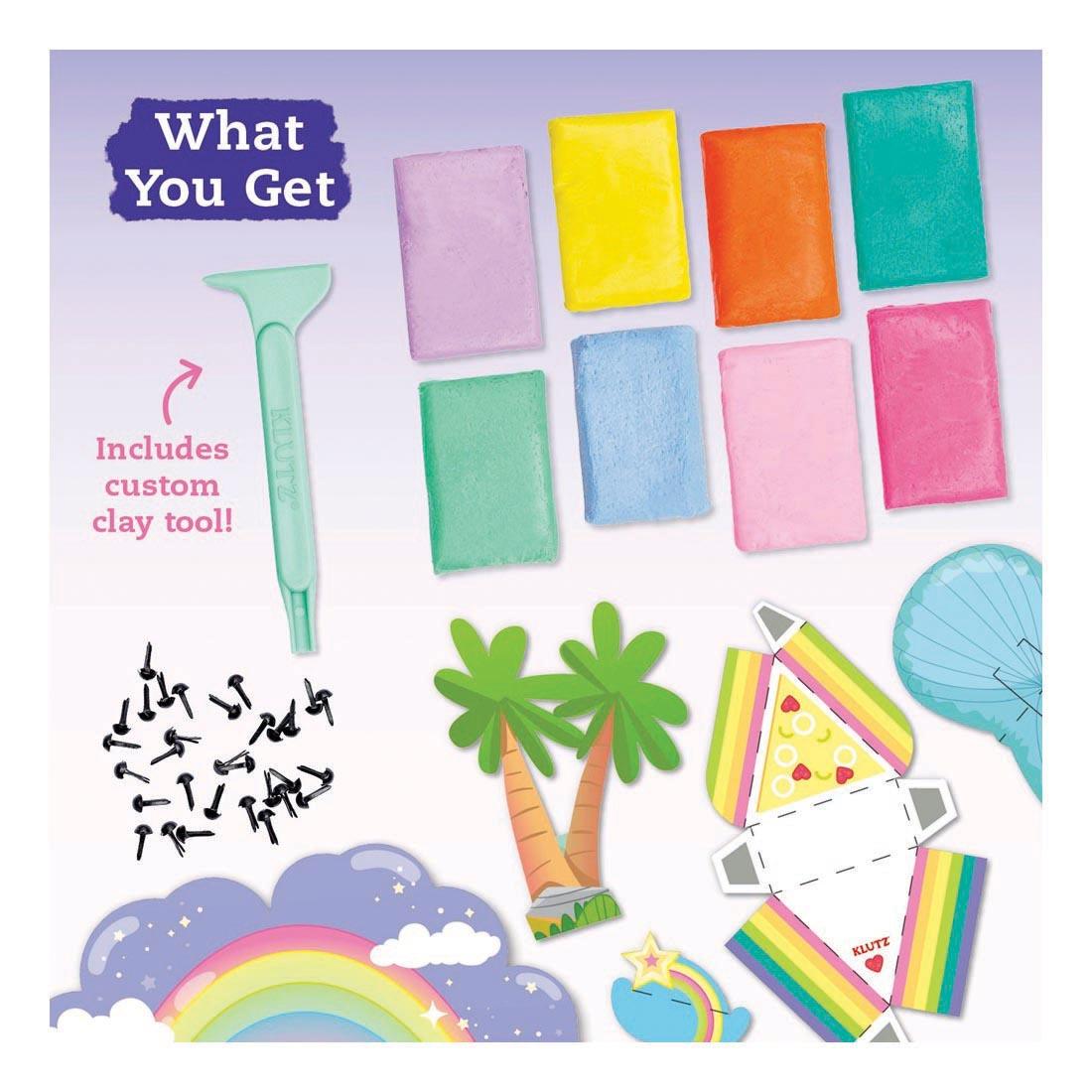contents of Make Your Own Mini Erasers: Kawaii Style Book & Creative Kit with text What You Get; Includes custom clay tool!