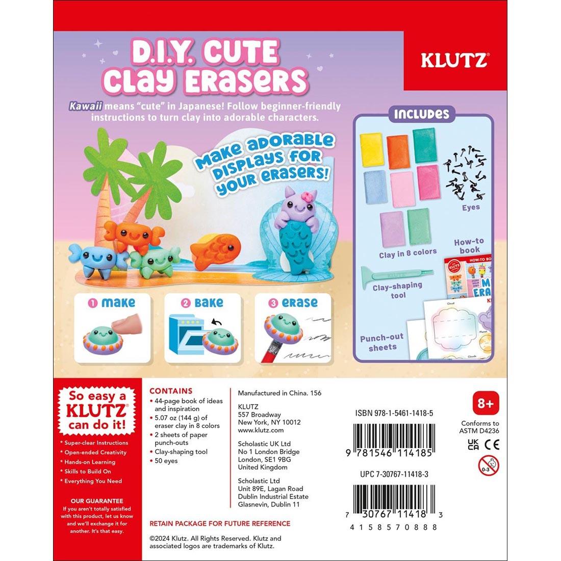 back of package for Make Your Own Mini Erasers: Kawaii Style Book & Creative Kit by Klutz Press