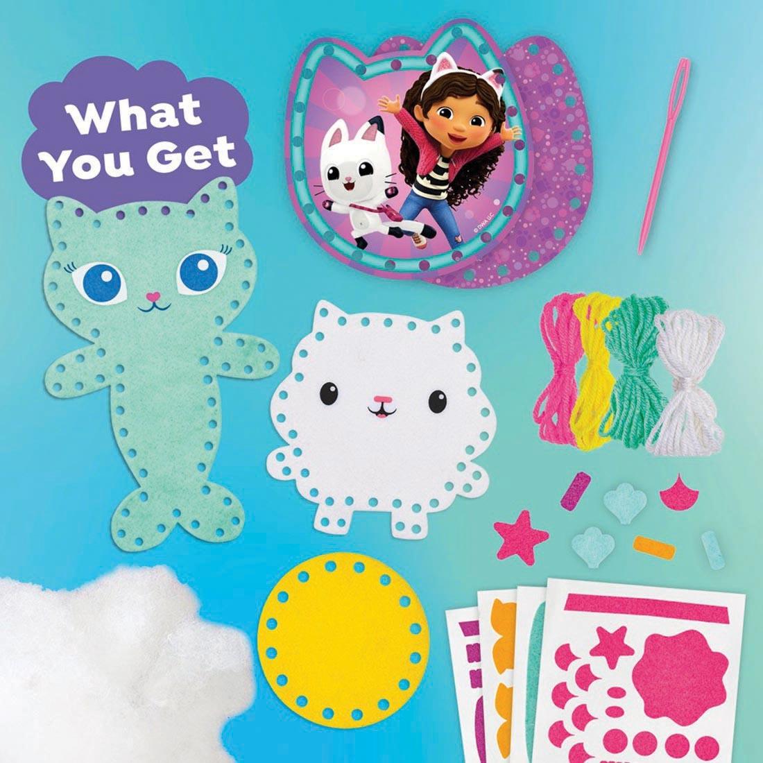 components of the Gabby's Dollhouse My Simple Sewing Book & Craft Kit By Klutz Press plus text What you get