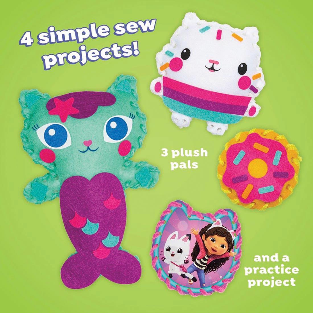completed examples made with the Gabby's Dollhouse My Simple Sewing Book & Craft Kit plus text 4 simple sew projects! 3 plush pals and a practice project