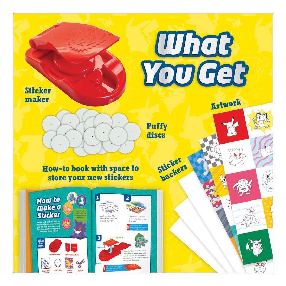 contents of Pokemon Color-In 3D Puffy Stickers Book & Creative Kit with text What You Get; Sticker maker; Artwork; Puffy discs; Sticker backers; How-to book with space to store your new stickers