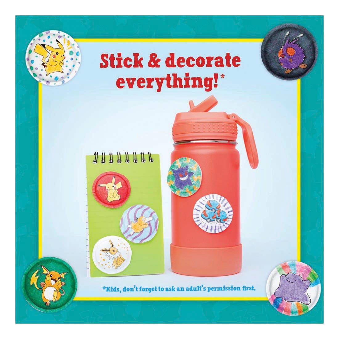 examples of completed Pokemon Color-In 3D Puffy Stickers with text Stick & decorate everything!* *Kids, don't forget to ask an adult's permission first.