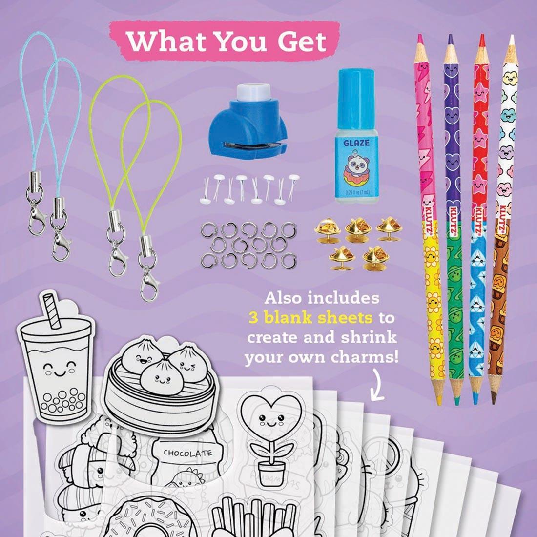components of Kawaii Style Color & Shrink Charms Book & Creative Kit and text: What You Get; Also includes 3 blank sheets to create and shrink your own charms!