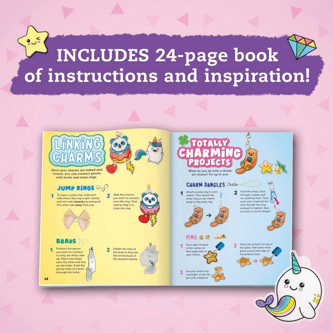open book from Kawaii Style Color & Shrink Charms Book & Creative Kit plus text: Includes 24-page book of instructions and inspiration!