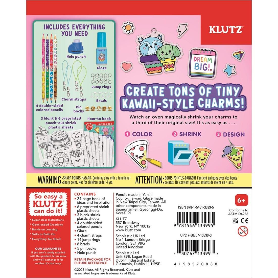 back of package of Kawaii Style Color & Shrink Charms Book & Creative Kit by Klutz