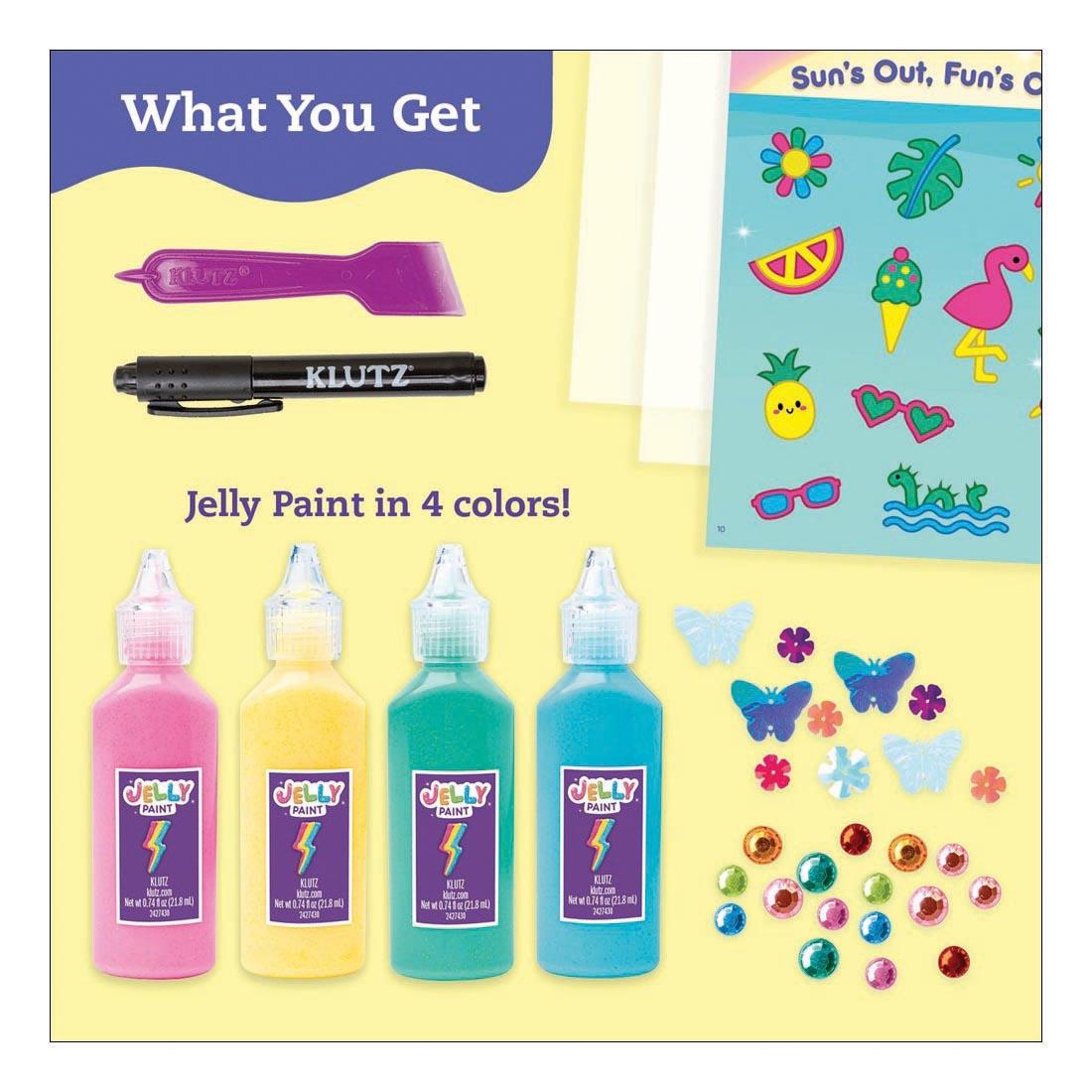 components of Paint & Peel Jelly Stickers Glitter Goals! Book & Creative Kit By Klutz with text What You Get; Jelly Paint in 4 colors!