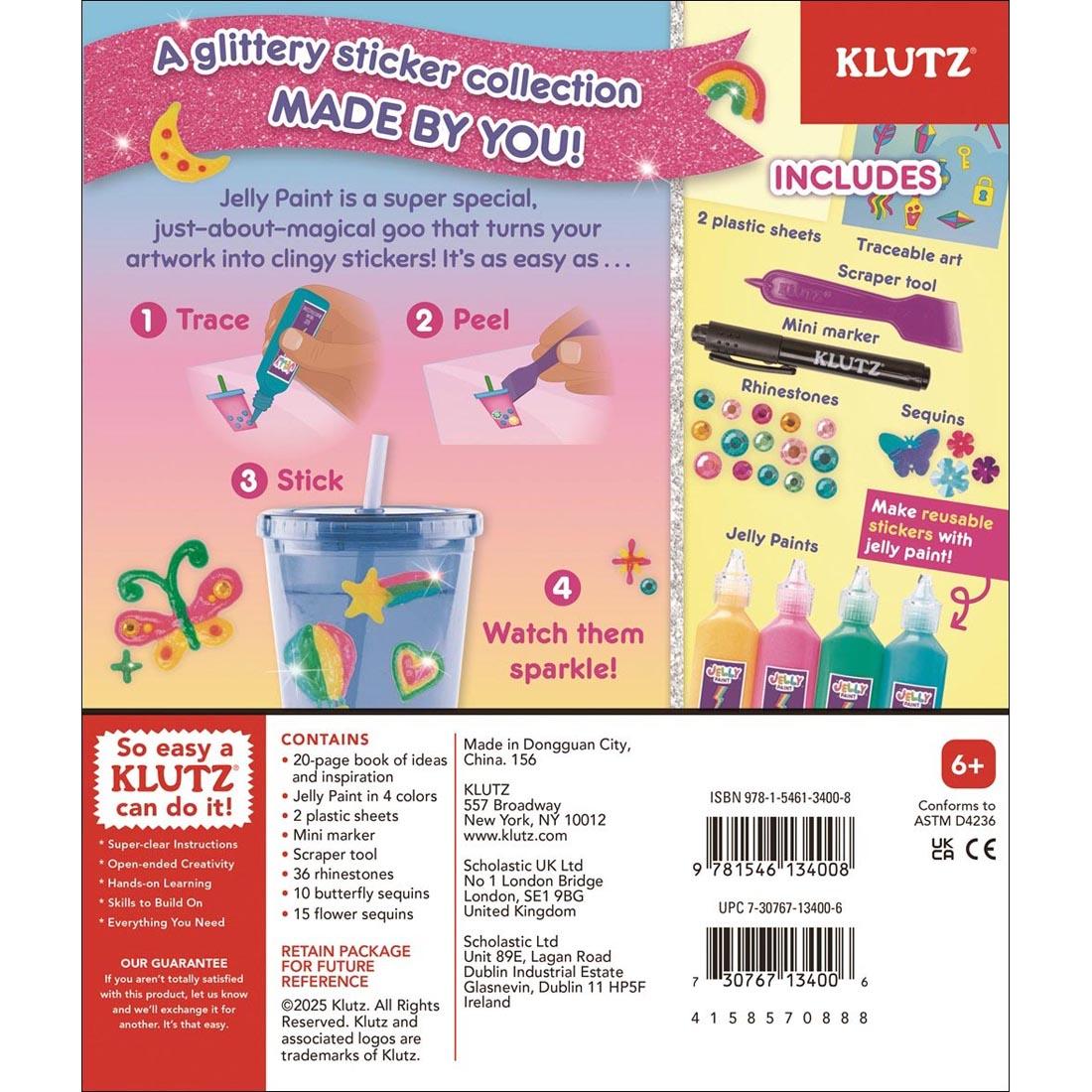 back of package of Paint & Peel Jelly Stickers Glitter Goals! Book & Creative Kit By Klutz