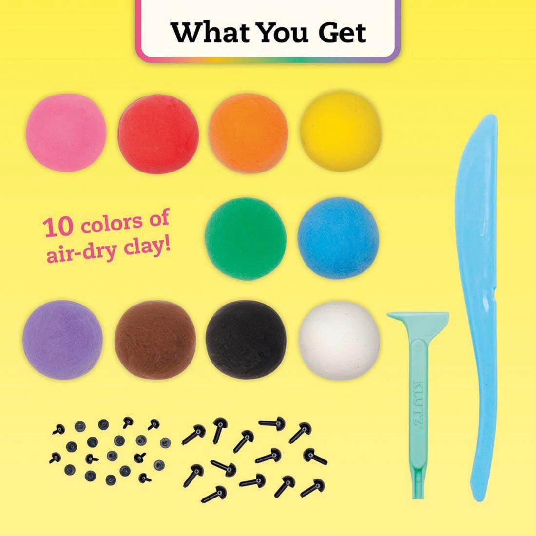 Contents of Air-Dry Clay Animal Party kit, including clay, sculpting tool and plastic eyes