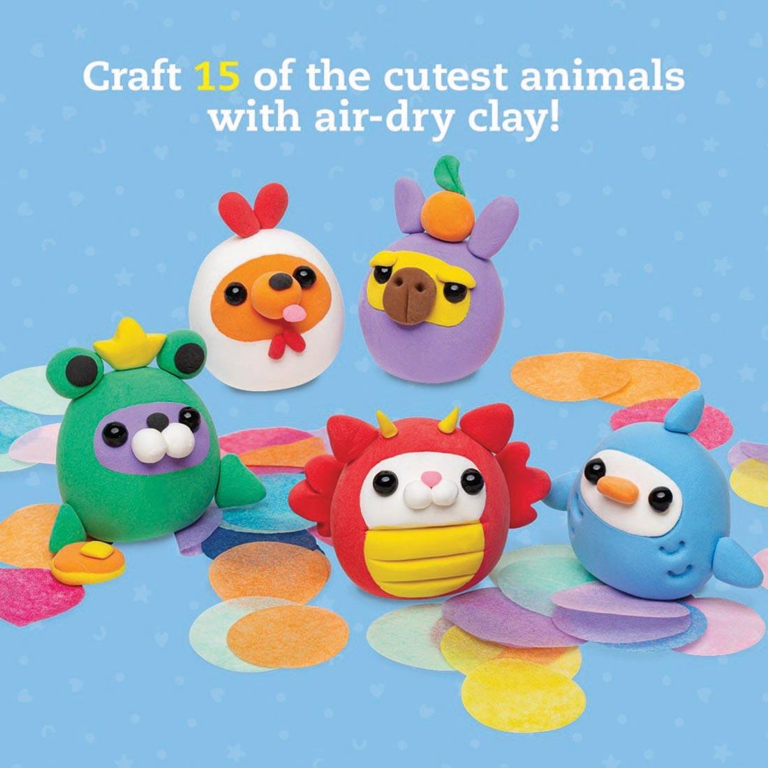 sample figurines made from the Air-Dry Clay Animal Party creative kit, with the words: Craft 15 of the cutest animals with air-dry clay!