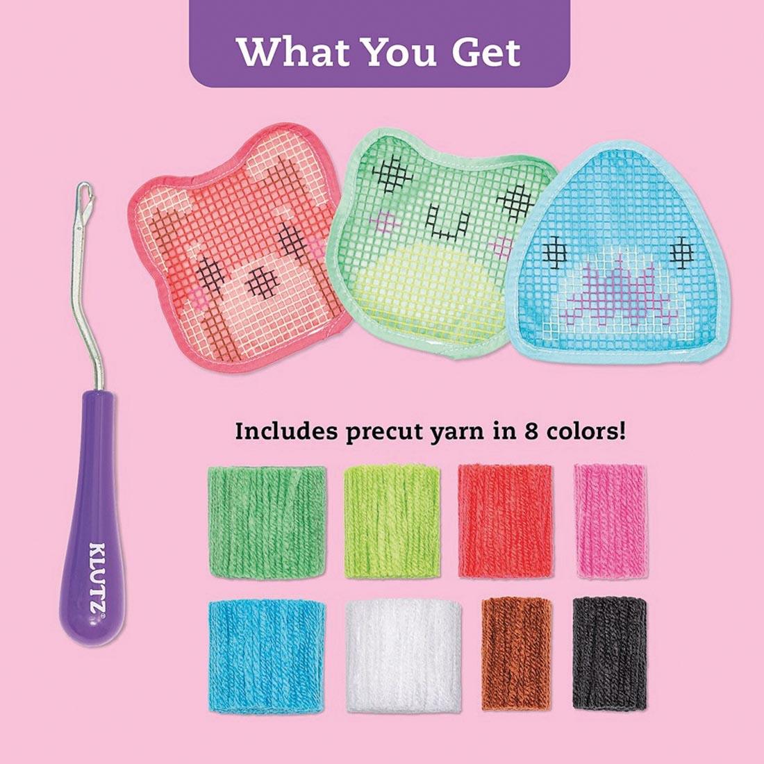 components of Latch Hook Animals Book and Creative Kit By Klutz Press plus text What You Get; Includes precut yarn in 8 colors!