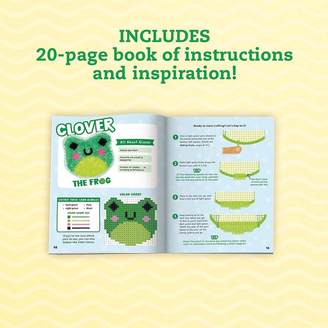 open book from Latch Hook Animals Book and Creative Kit By Klutz Press plus text INCLUDES 20-page book of instructions and inspiration!