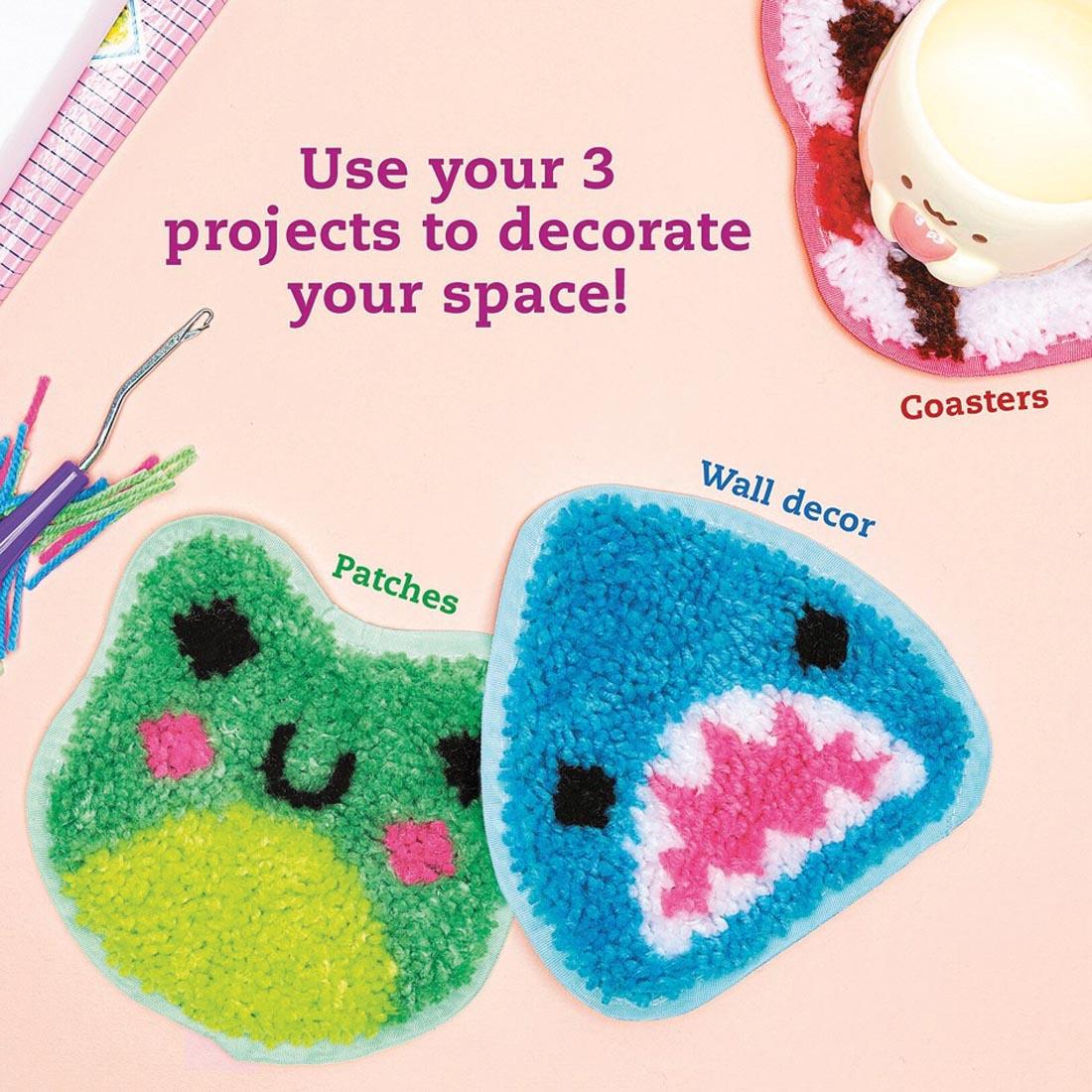 finished projects from Latch Hook Animals Book and Creative Kit By Klutz Press plus text Use your 3 projects to decorate your space!; Coasters; Patches; Wall decor