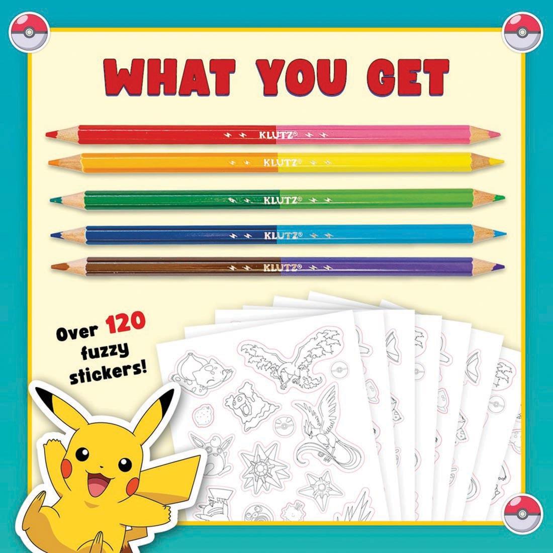 Contents of Pokemon Color Your Own Fuzzy Stickers activity kit, showing 5 double-ended colored pencils and several sticker sheets, more than 120 stickers in all