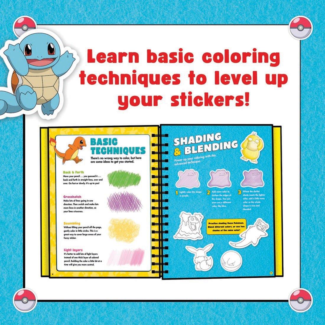 2 sample pages from the Pokemon Color Your Own Fuzzy Stickers kit, with the words: Learn basic coloring techniques to level up your stickers!