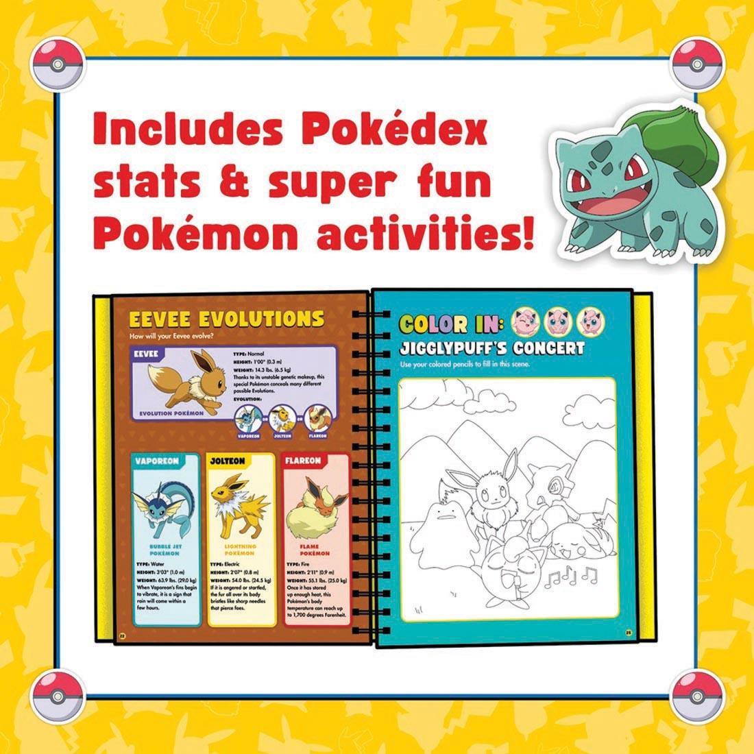2 sample pages from the Pokemon Color Your Own Fuzzy Stickers kit, with the words: Includes Pokedex stats & super fun Pokemon activities!
