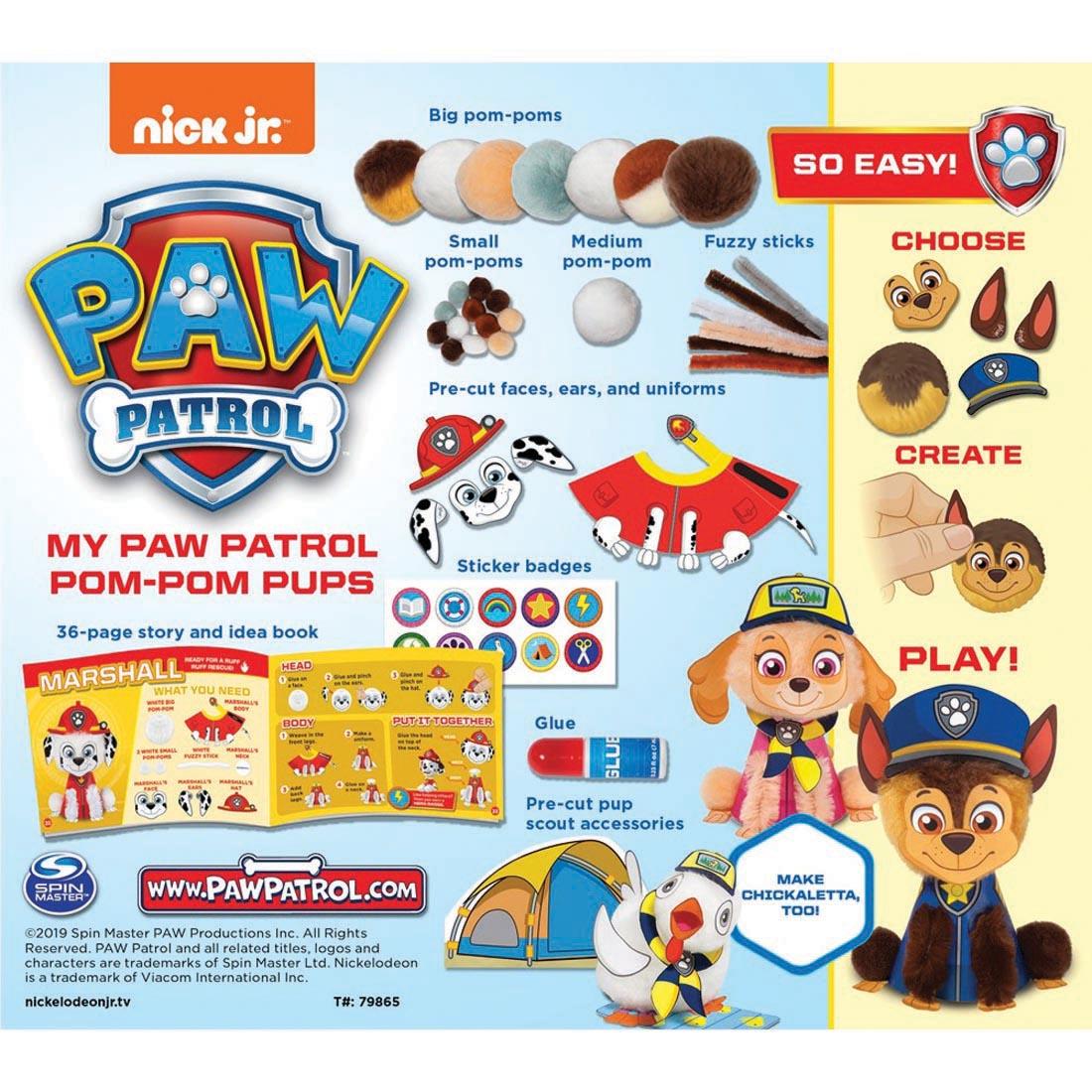 back of package of My PAW Patrol Pom-Pom Pups Book & Craft Kit by Klutz Jr.