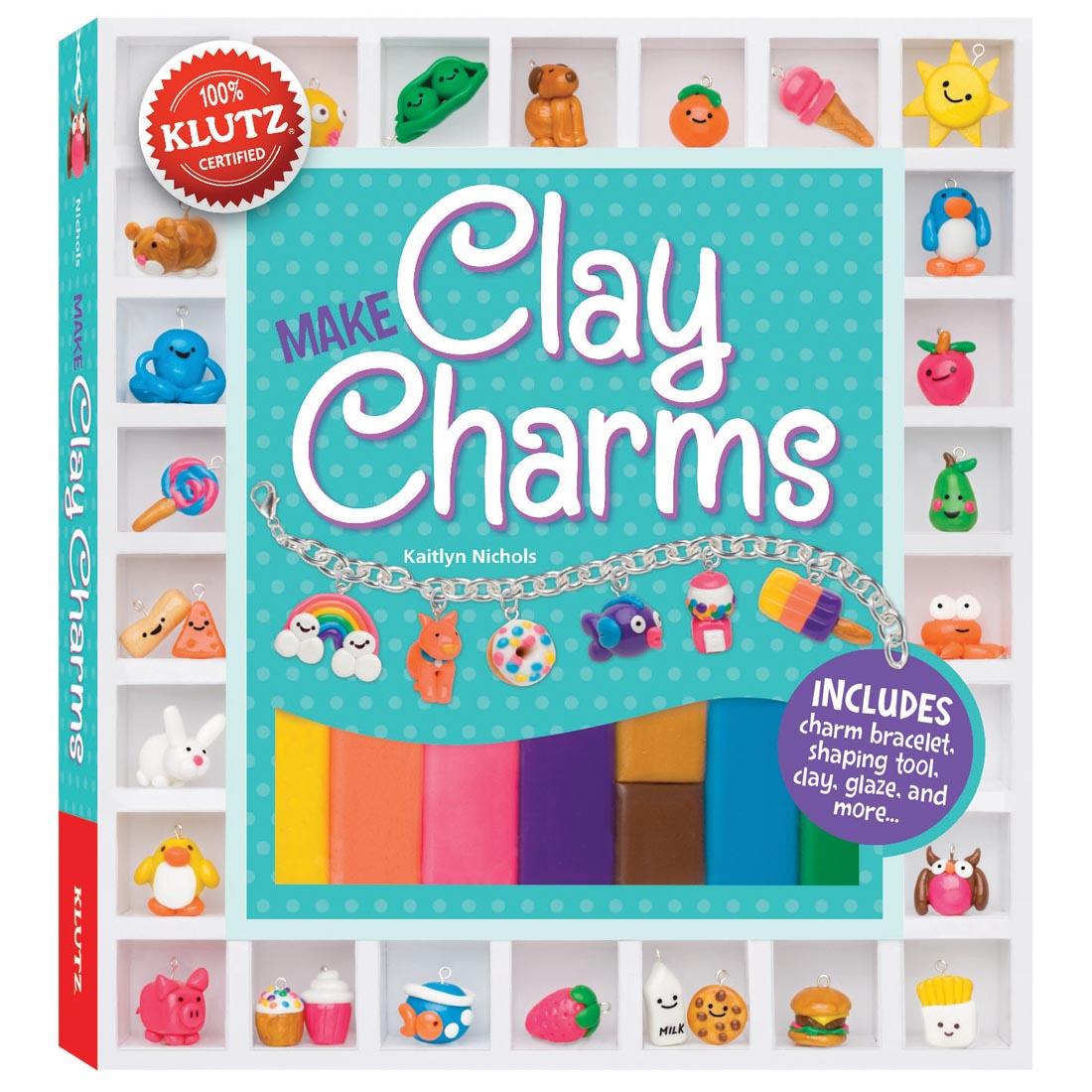 package shows examples of clay charms, such as dog, ice cream cone, sunshine, lollipop, owl and more