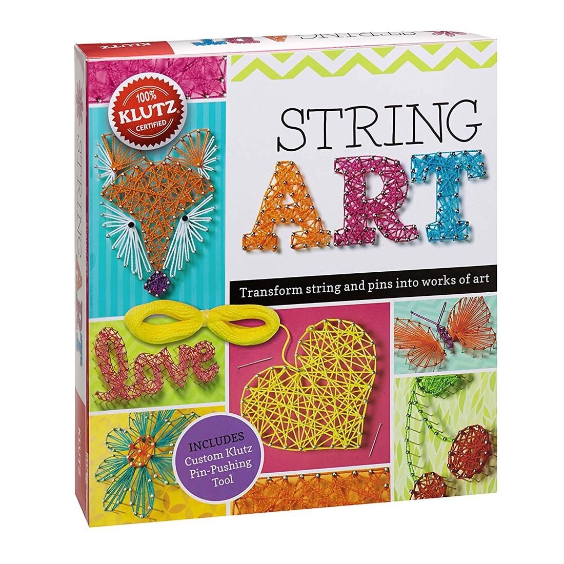 string art package shows completed projects of a fox, the word love, a butterfly, a heart and more