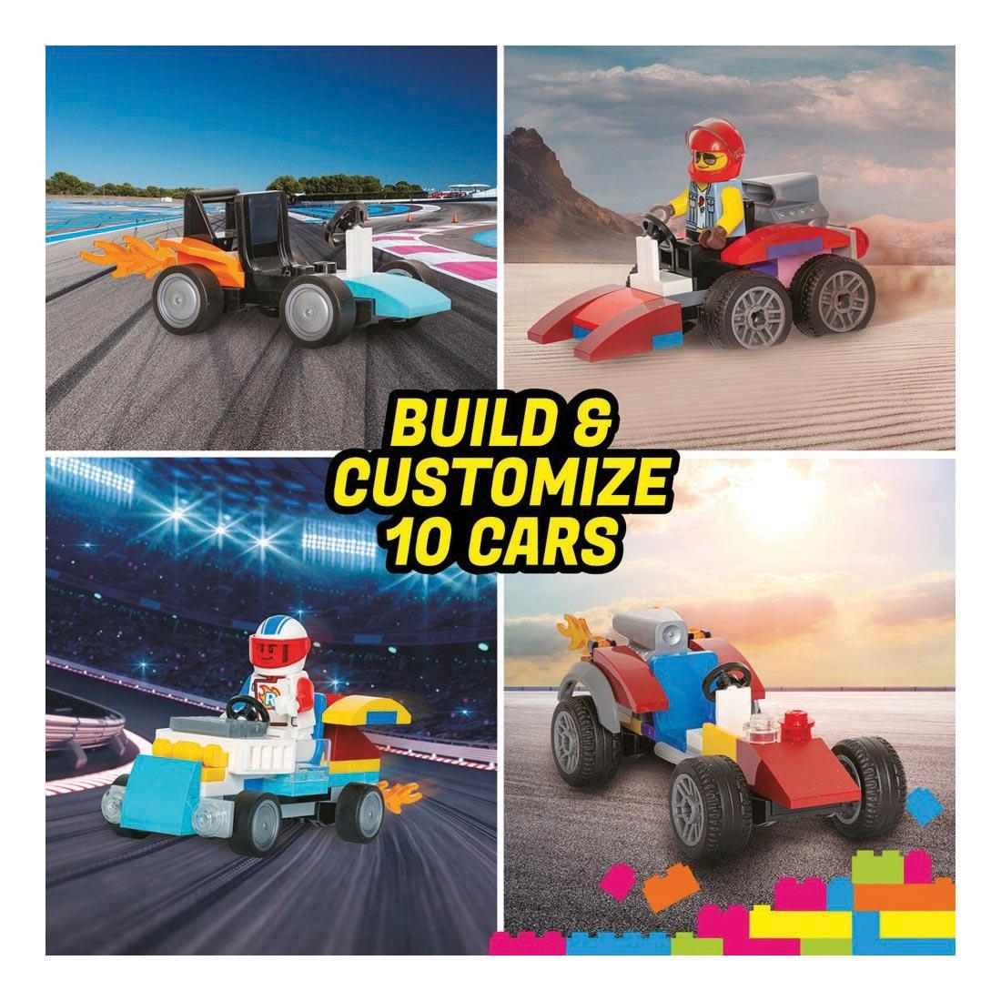 examples of completed LEGO Race Cars By Klutz Press with text Build & Customize 10 Cars