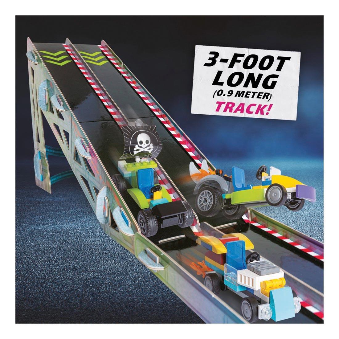 infographic for LEGO Race Cars By Klutz Press with text 3-Foot Long (0.9 Meter) Track!