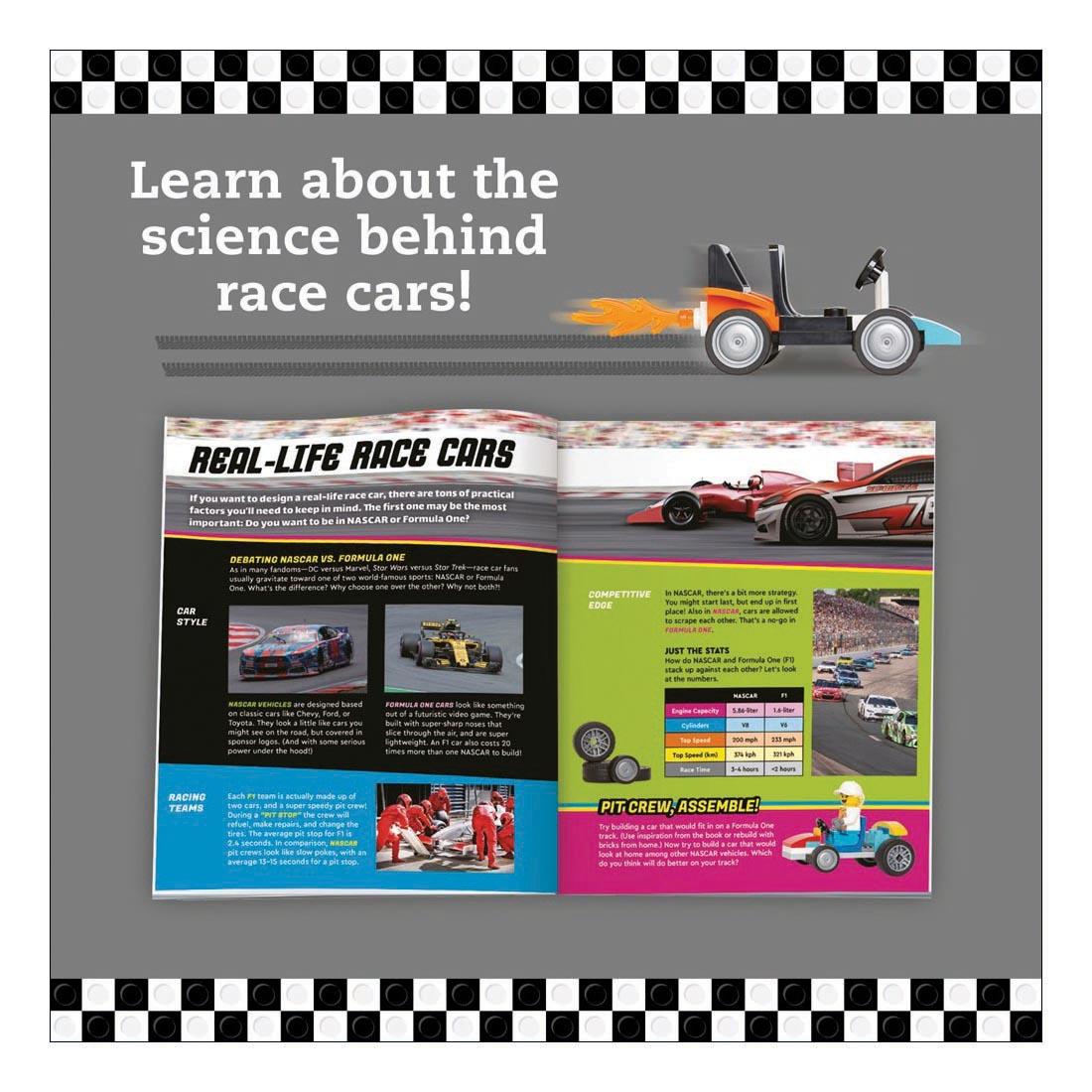 open book from LEGO Race Cars By Klutz Press with text Learn about the science behind race cars!