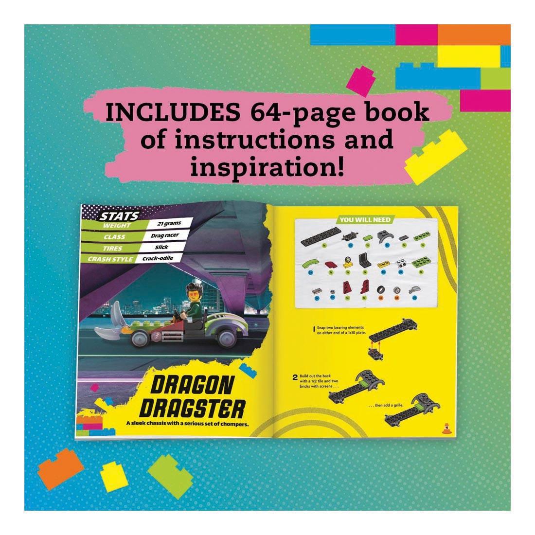 open book from LEGO Race Cars By Klutz Press with text Includes 64-page book of instructions and inspiration!