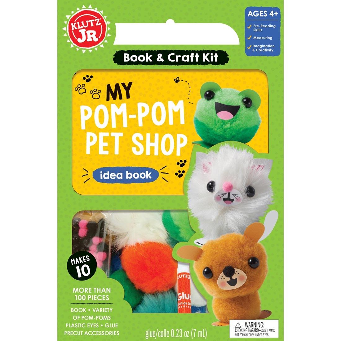 package of pom pom craft kit shows completed projects of a frog, cat and dog