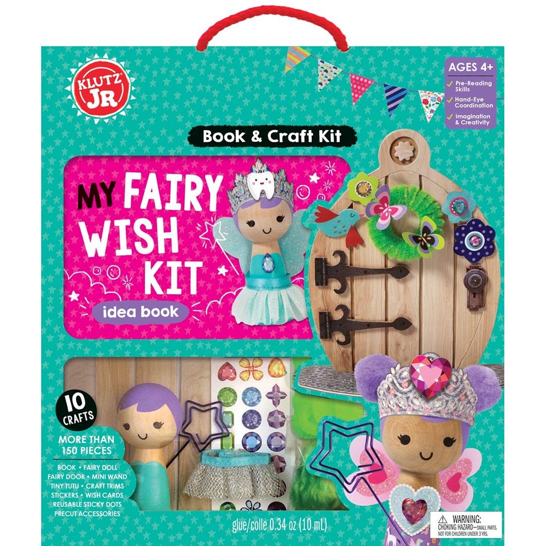 package contents show a wooden fairy doll, a wand, stickers, precut accessories and more