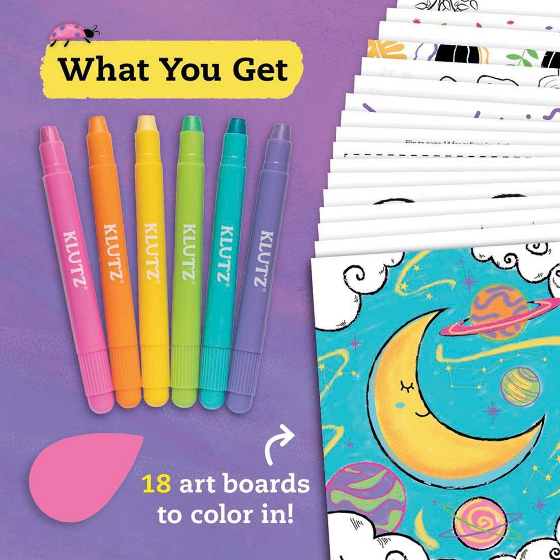 contents of the Shimmer Magic Paint Sticks Kit with text What You Get; 18 art boards to color in!