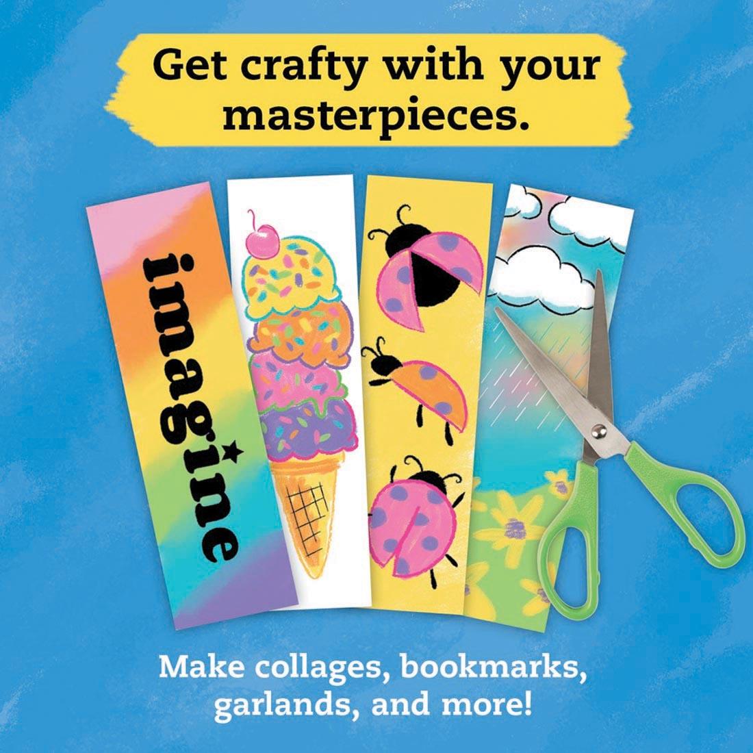 samples completed using Shimmer Magic Paint Sticks with the text Get crafty with your masterpieces. Make collages, bookmarks, garlands, and more!