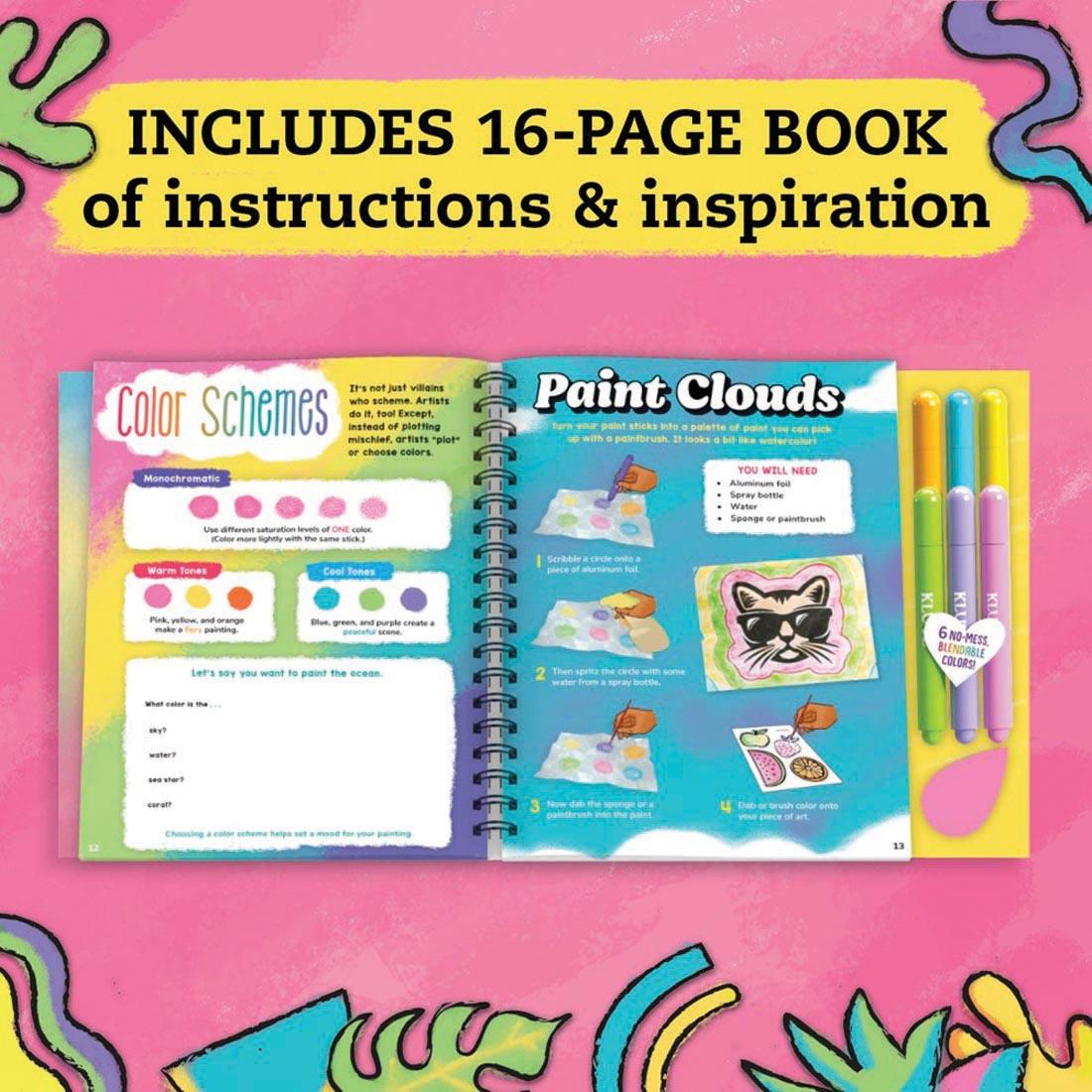 open book from the Shimmer Magic Paint Sticks Kit with the text Includes 16-page book of instructions & inspiration