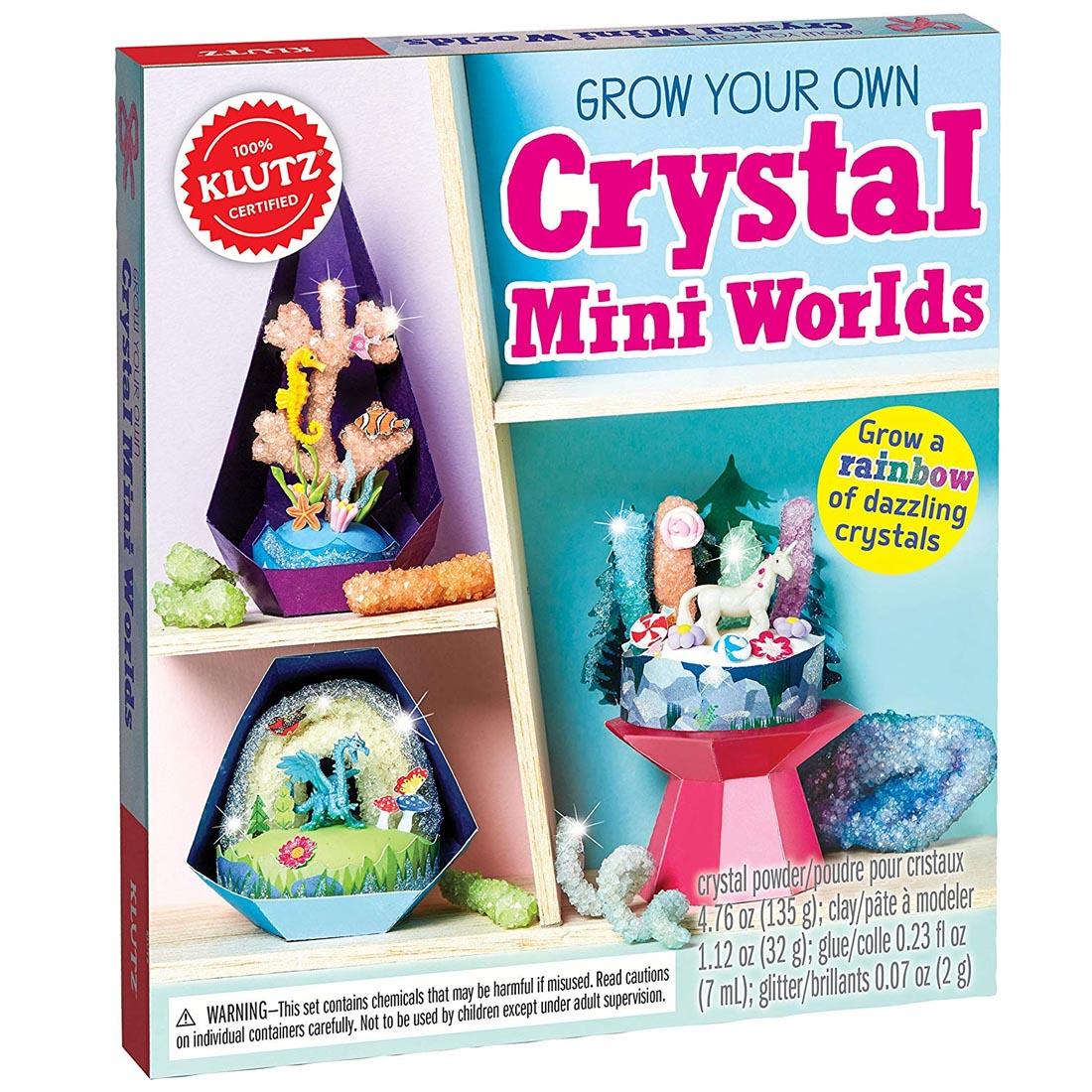 Grow-Your-Own Crystal Mini Worlds package shows examples of an undersea scene and magical settings with a unicorn and dragon