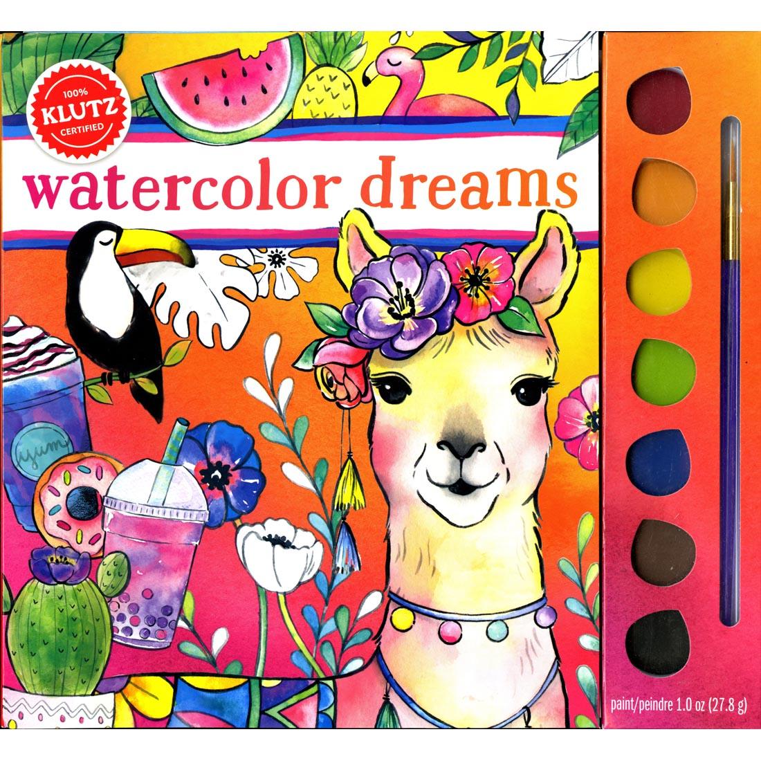 package shows a watercolor painting of a llama and includes a paintbrush and 7 colors of pan watercolors