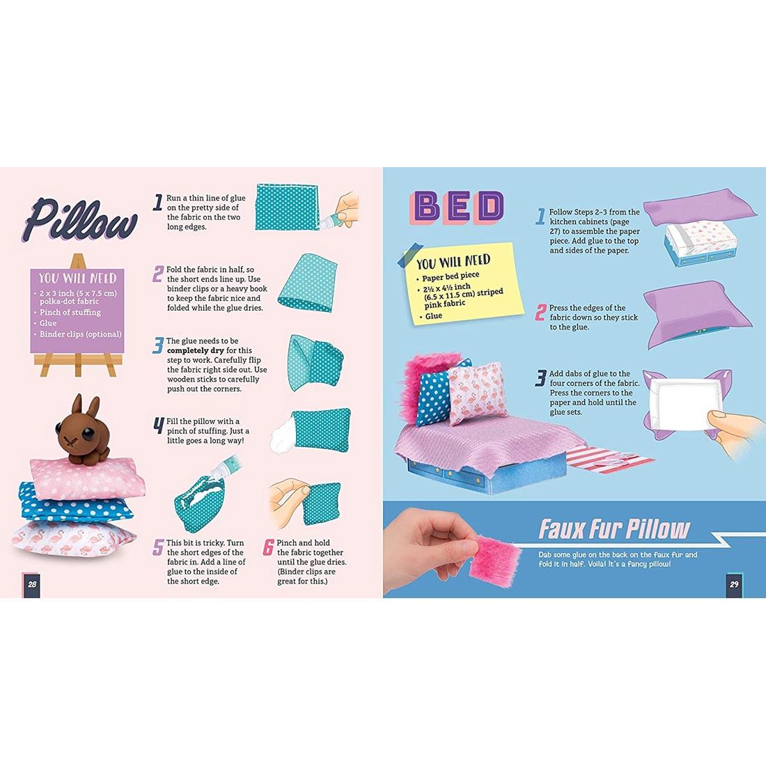 shows pages from the book Make Your Own Tiny Camper, including step-by-step directions on making the pillow and bed