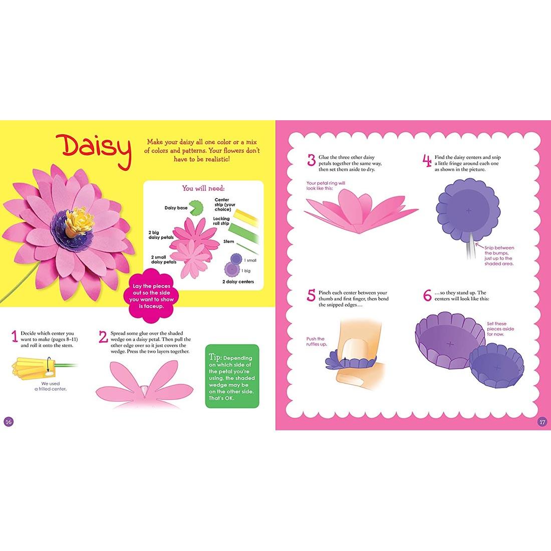 two pages of the Fabulous Flowers book showing step-by-step directions to make a daisy