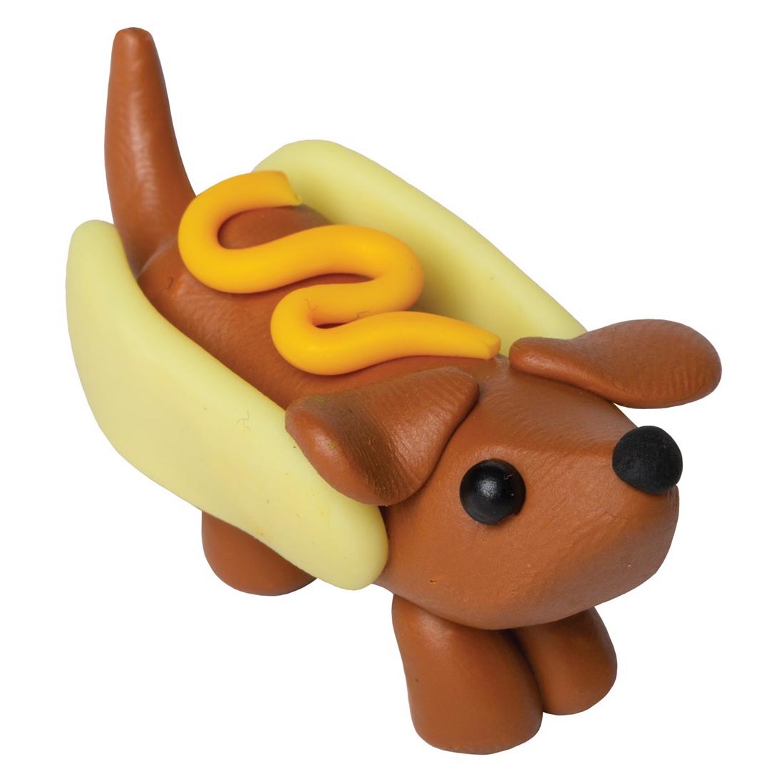 clay weiner dog in a bun with mustard on its back