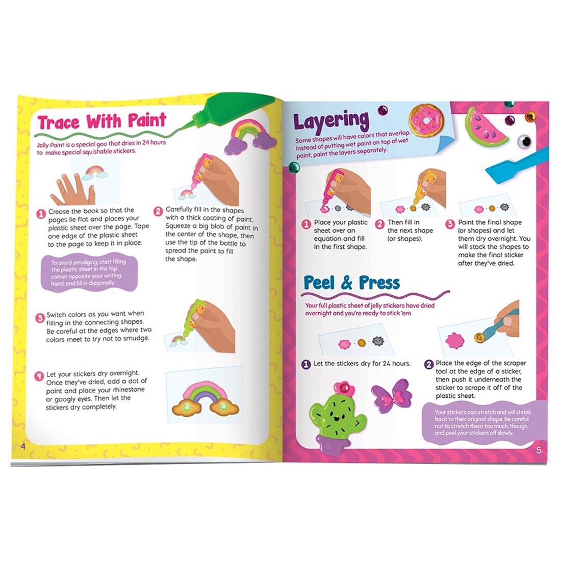 pages from the Paint & Peel Jelly Stickers book about tracing with paint and layering