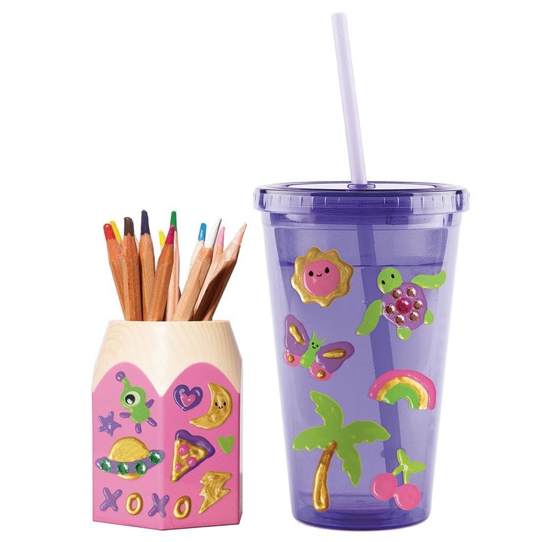 Paint & Peel Jelly Stickers stuck to a pencil holder and a plastic cup