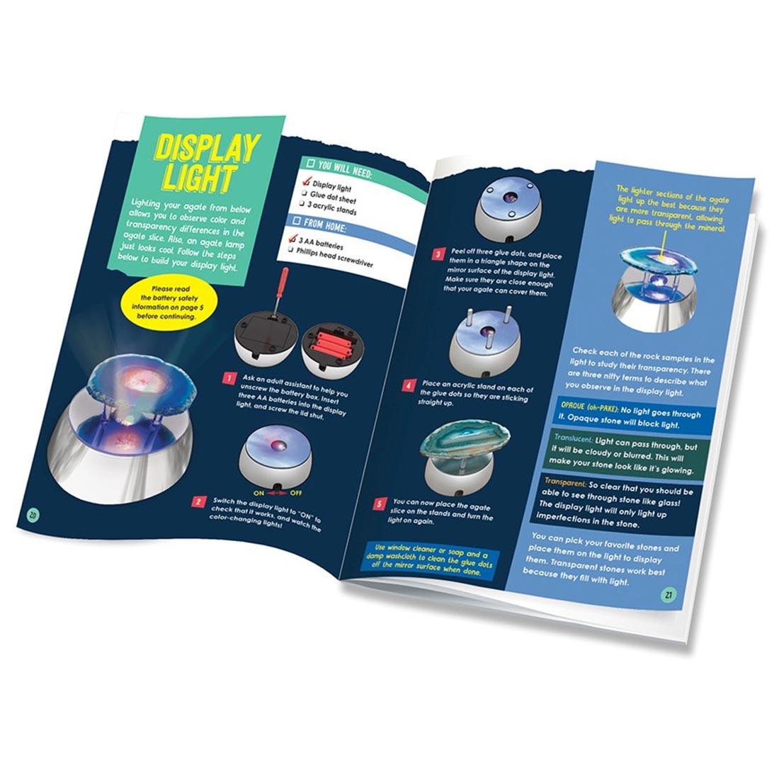 pages from the Light Up Rock & Gem Collection book on how to use the display light