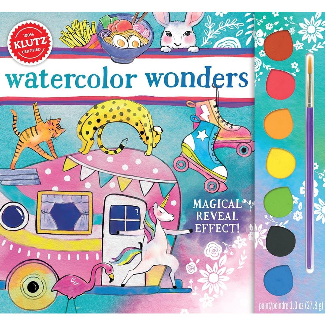 package shows a watercolor painting with animals and includes a paintbrush and 7 colors of pan watercolor paints