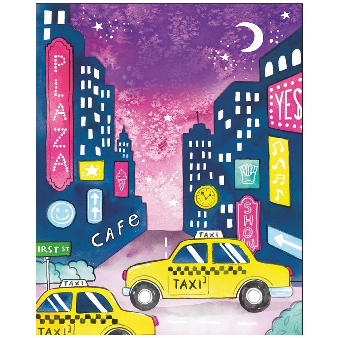 Example of finished artwork created from Watercolor Wonders book, showing a downtown city scene at night