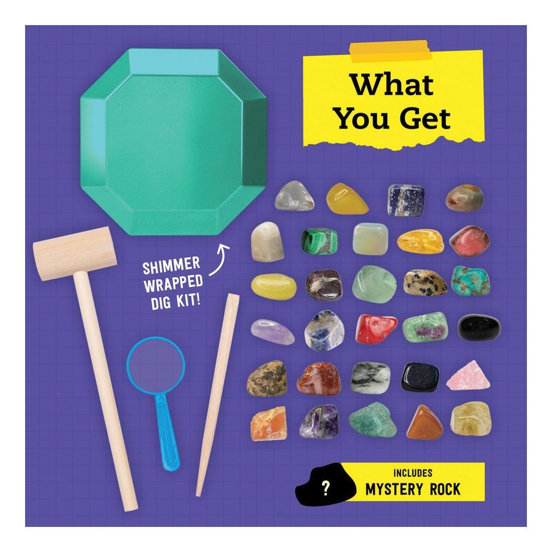 infographic for STEAM Lab: Ultimate Gemstone And Dig Kit with text What You Get; Shimmer Wrapped Dig Kit! Includes Mystery Rock